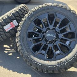 22" Black Wheels 22x9 8x180 Rims and 35” Tires 3500 Chevy 2500 Silverado Chevrolet GMC Sierra Denali HD 2500HD 3500HD AT4 Ultimate