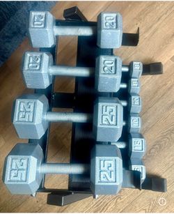 In NEW Condition Set Of Cast Iron Hex Dumbbells 8s, 10s, 15s 20s  And  25s. Total: 156 lbs [ RACK NOT INCLUDED]