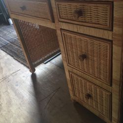 Wicker Desk with Glass Top and Chair, Like New