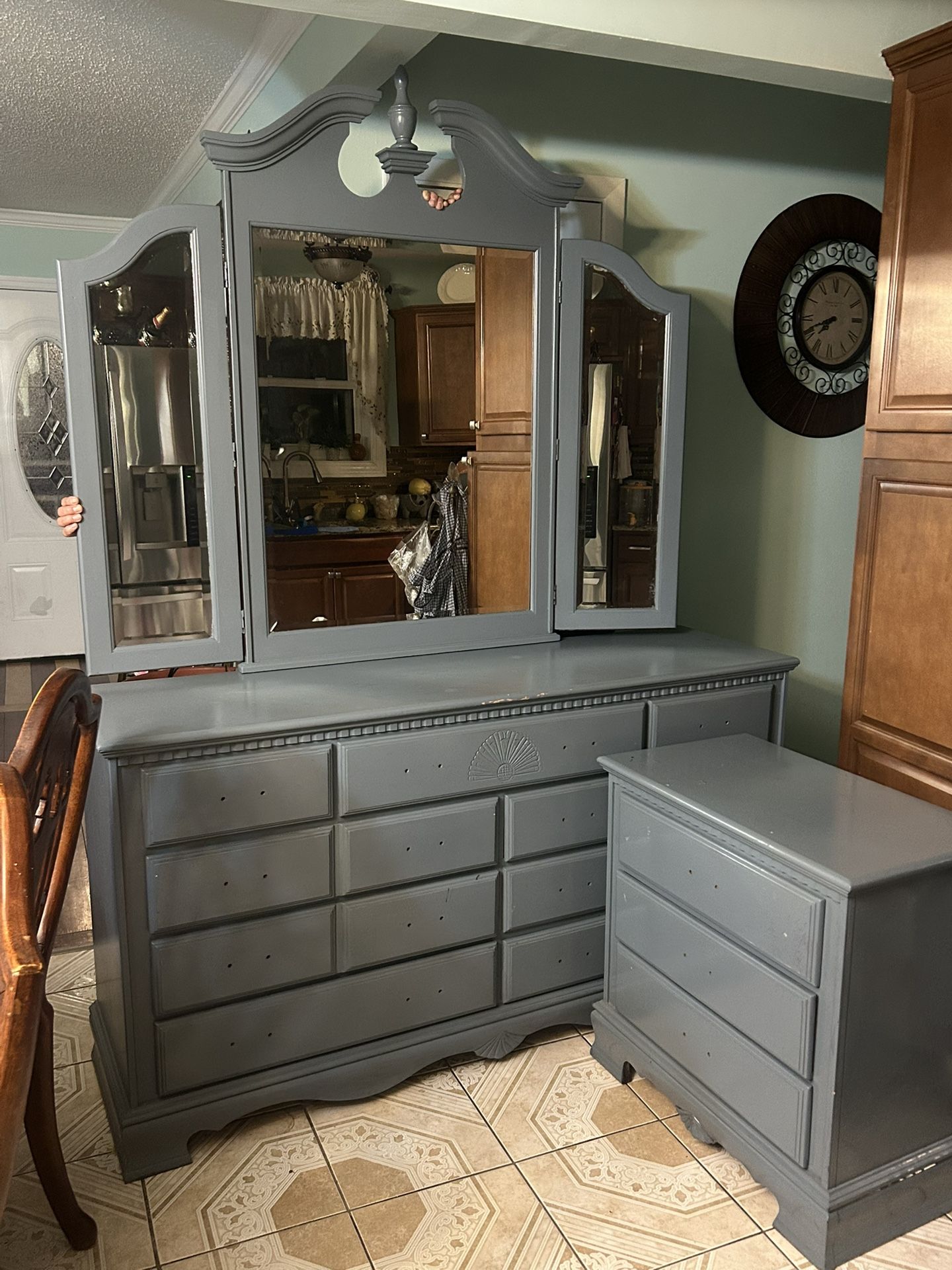 Blue Gray Solid Wood Dresser Set w/ Mirror & Nightstand (No Handles)