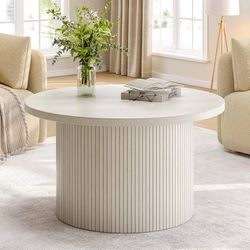 31.5" Round Coffee Table, Tambour Design, White Center Table, Circle Coffee Table, Mid Century Modern Style, Wooden, for Livng Room, Office, Apartment