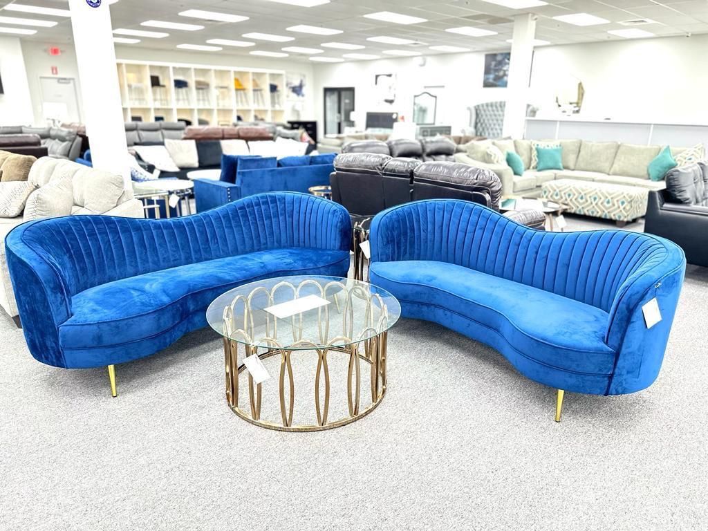 4: Tax Season Event!! Sculptural Modern Glam Blue Or Gray Velvet sofa w/touch of curve appeal 