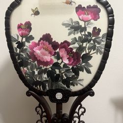 Chinese Embroidered Double Sided Fan w/Stand