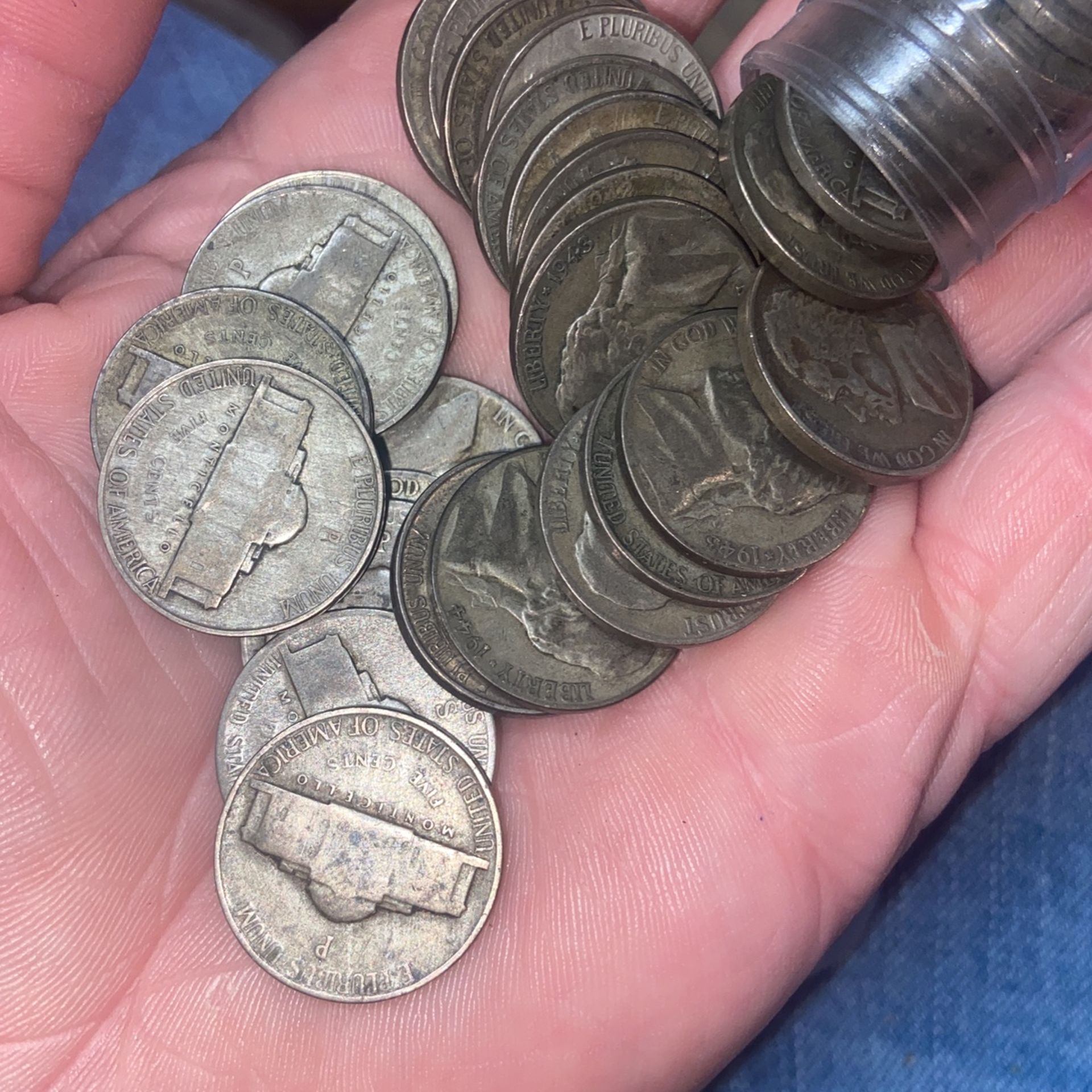 40 nickels $2 dollar roll of wartime nickels, 35% silver multiple varieties