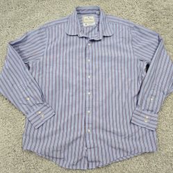 Brooks Brothers Shirt Men 16.5 - 35 Blue Red Stripe Button Thomas Mason Office 