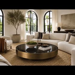 RESTORATION HARDWARE RH MOORE 55” ROUND COFFEE TABLE – SMOKED GLASS & BRONZE