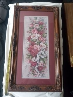 Beautiful ornate wood framed signed floral print by Barbara Mock
