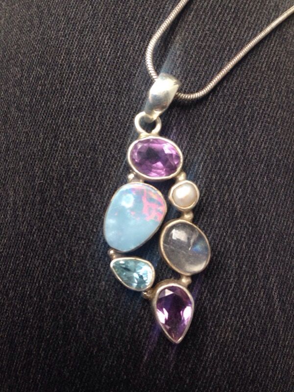 Beautiful opal, amethyst, pearl, moonstone, zircon, sterling silver pendant