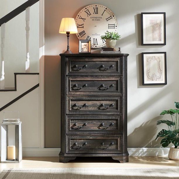 Farmhouse 5 Drawers Dresser Chests for Bedroom, Wood Rustic Tall Chest of Drawers, Organizer