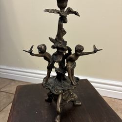 Antique Bronze Candle Holder three Cherub Holding Doves. Pre-owned.