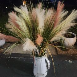 Farmhouse Metal Pitcher w/ Blush & Cream Faux Pampas Arrangement