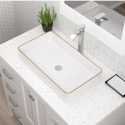 Dcolora Vessel Sink Rectangular, Dcolora 24''x14'' with Rim Ceramic Porcelain Rectangle Vessel Sink Above Counter Vanity Sink Basin, White-Gold