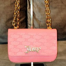 NWT JUICY COUTURE BLING BLING FLAP PINK LEMONADE MONOGRAM EMBOSSED CROSSBODY BAG /SHOULDER BAG FEATURING ELEGANT METAL  RHINESTONE "JUICY" LOGO