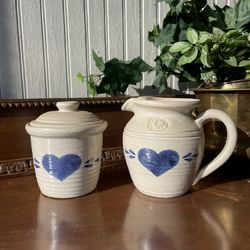 Vintage Pinewood Valley Blue Heart Stoneware Kitchen Sugar And Creamer Crock And Lid