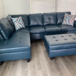 3pcs Blue Sectional w/Ottoman (Left Or Right Chaise)