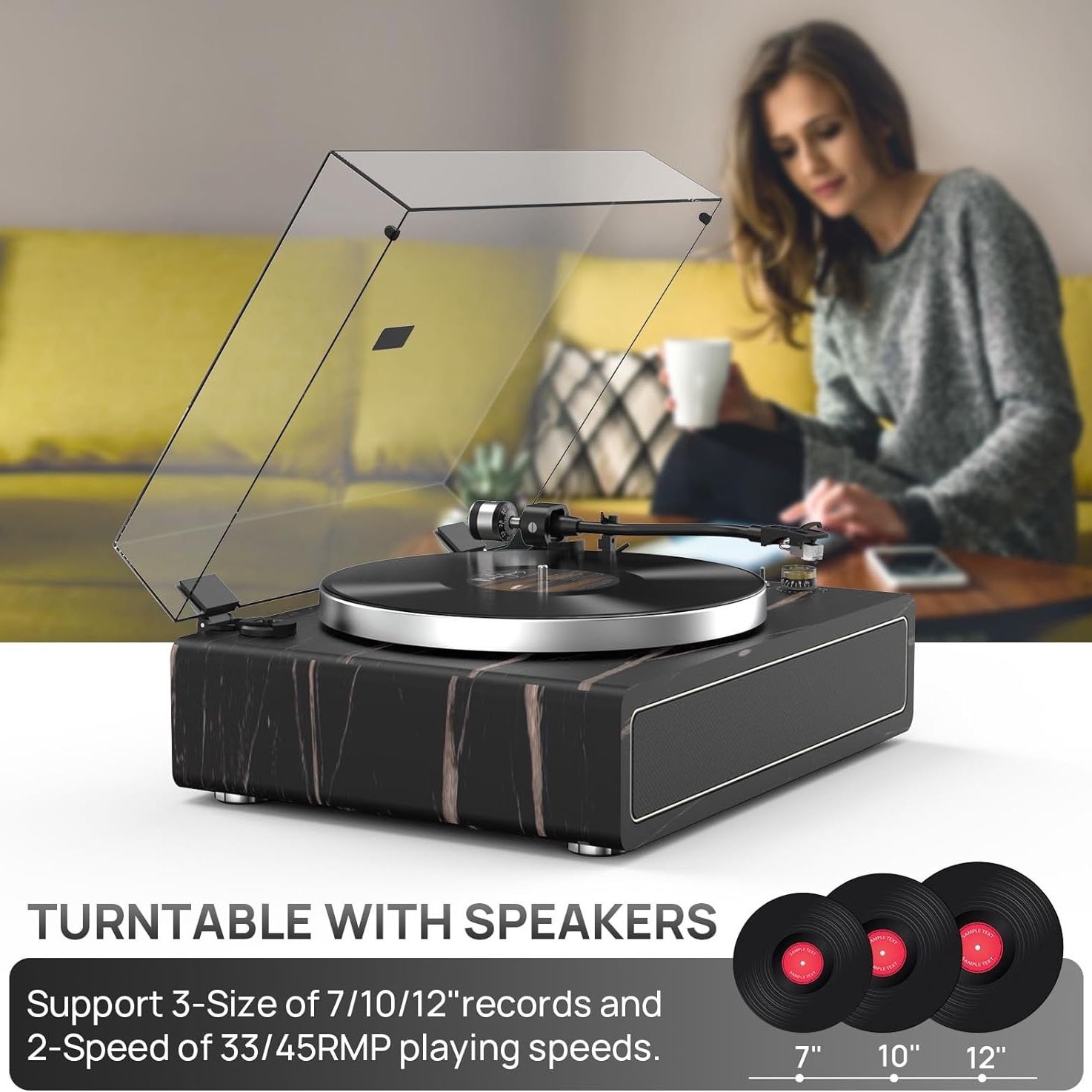 Turntable Record Player with Built-in Speakers, Vinyl Record Player Support Wireless Playback Auto Stop 33&45 RPM Speed RCA Line Out AUX in All-in-one