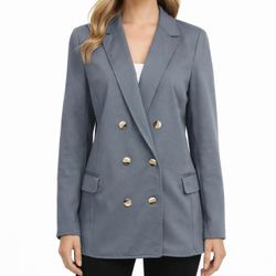 Betabrand Double-Breasted Stretch Ponte Blazer XL Dusty Blue Silver Buttons