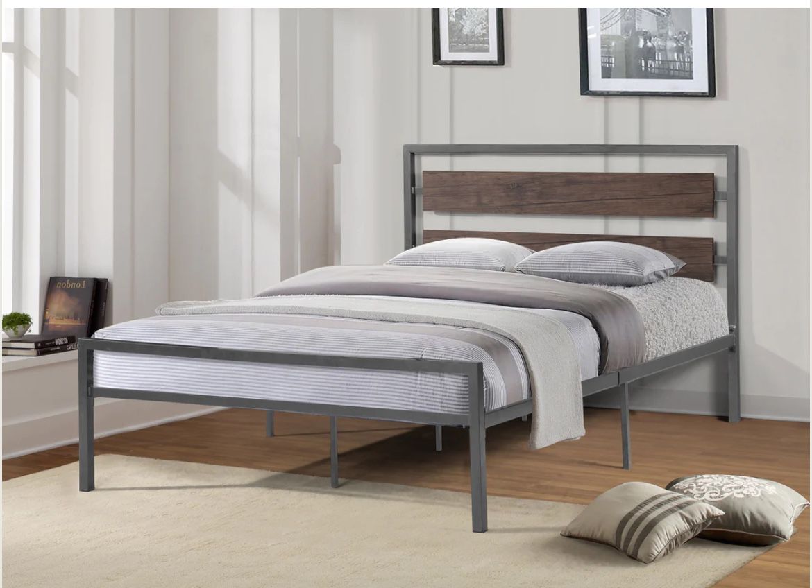 Metal Bed with Wood Panels Headboard - Twin