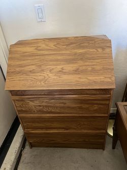 Vintage Oak Secretary Desk -Drop-Front Writing Desk with Storage & Drawers