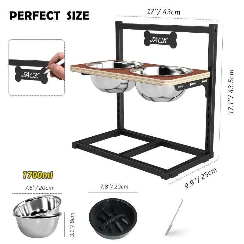 Elevated Dog Bowls With Spillproof Mat & Slow Feeder, 9 Height Adjustable Raised Dog Bowl Stand With Two 57.48oz Dog Bowls, Dog Food & Water Bowl 