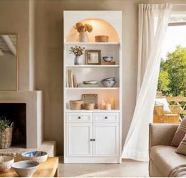White 86.61 in. Accent Storage Cabinet with 4 Shelves, 2 Drawers, 2 Cabinets, Arched Top, and LED Lighting for Home Use