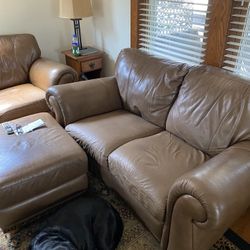 Brown Leather Loveseat & Leg Rest