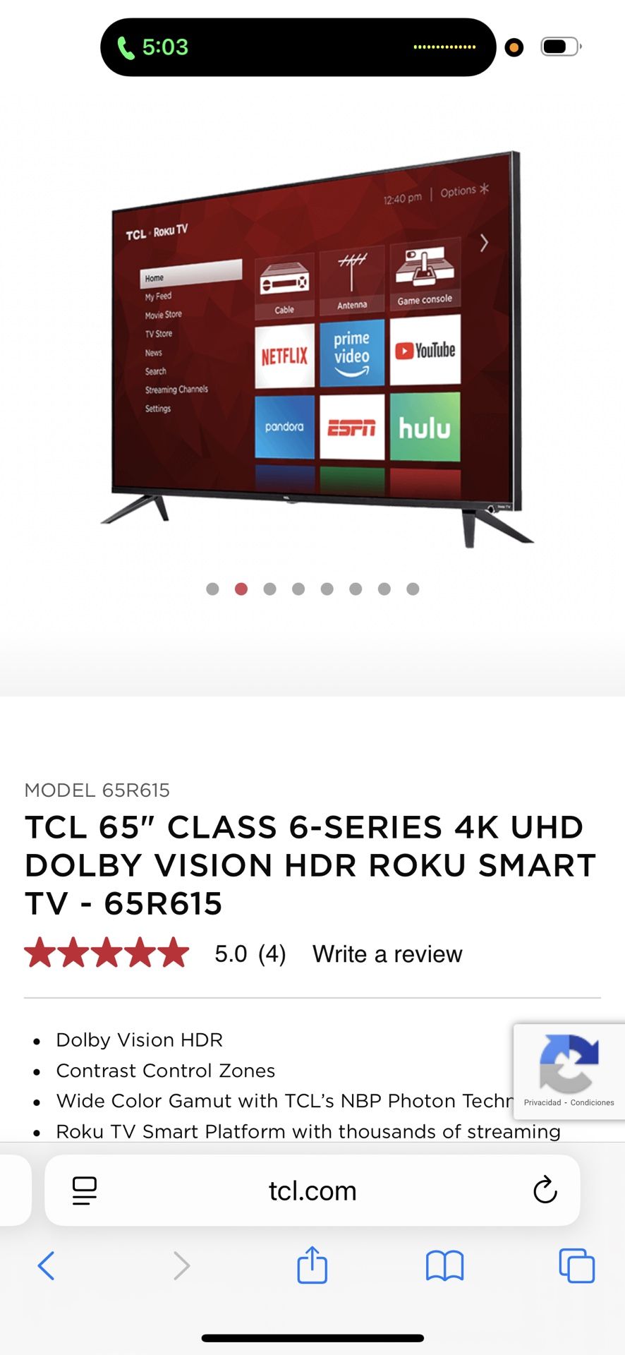 TCL Roku Smart TV de 65” – Modelo 65R615 -350$
