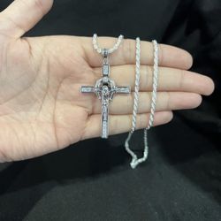 925 Sterling Silver Men Women Horseshoe CZ Cross Crucifix & Rope Chain
