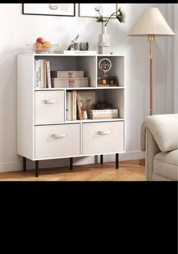 White Storage Bookcase with Fabric Drawers
