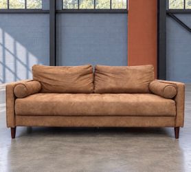 Mid-Century Modern Camel Sofa with Bolster Pillows & USB Charging