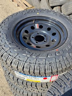 4 New 5 Lug 5x4.5 Trailer Black Steel Wheels Rims LT 215-75-15 Heavy Duty Load Range D 8ply 65psi Falken Wildpeak A/T AT4 Tires FREE LOCAL DELIVERY