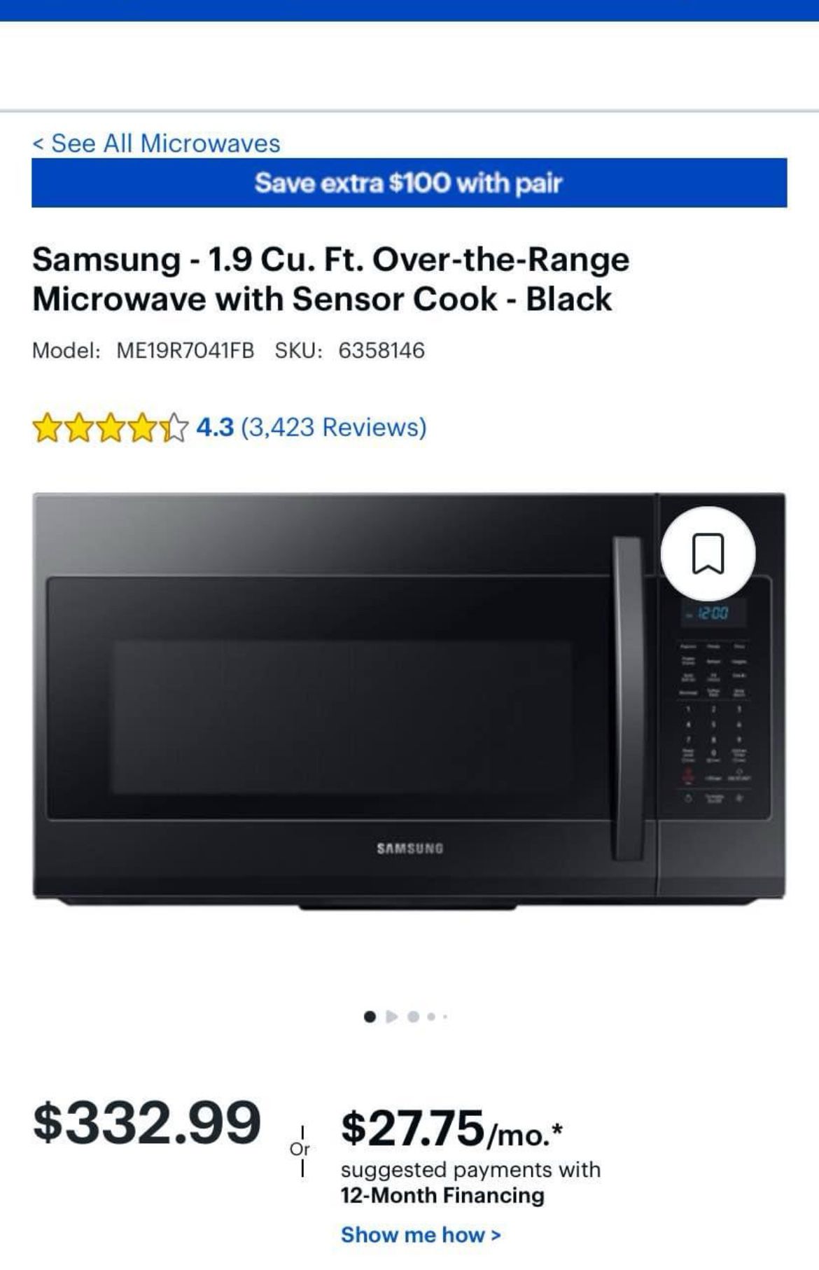 Samsung 30” Over The Range Microwave 