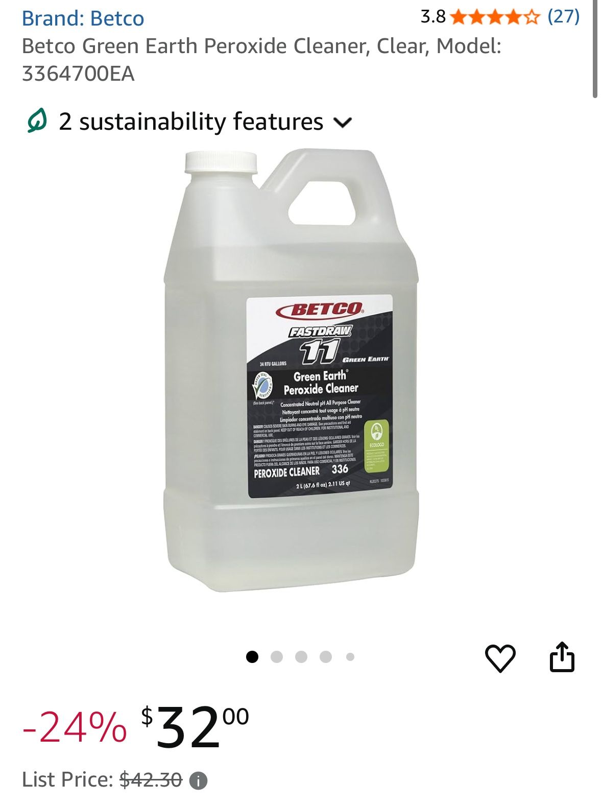 Betco Green Earth Peroxide Cleaner, Clear, Model: 3364700EA