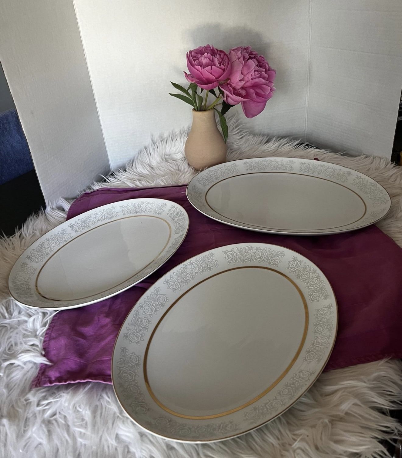 Vintage Queens Brocade Fine China from Japan Lacey Flower platters in three sizes 24k gold China