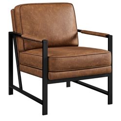 PU Leather Armchair, Retro Leisure Accent Chair with Extra Soft Padded and Cushion, Modern Reading Arm Chair with Black Metal Frame for Living Room/Of