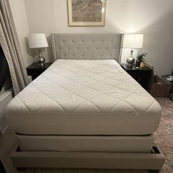 Full-Size Gray Fabric Bed Frame with Stud Embellishment & Memory Foam Mattress Set