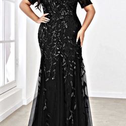 Floral Sequin Print Plus Size Mermaid Tulle Evening Dress Black Ever Pretty