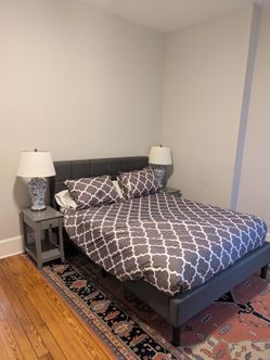 Full size bedframe and mattress with end table