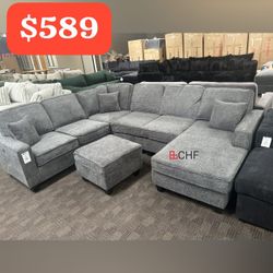 Chenille Sectional Sofa With Ottoman  And USB Port 