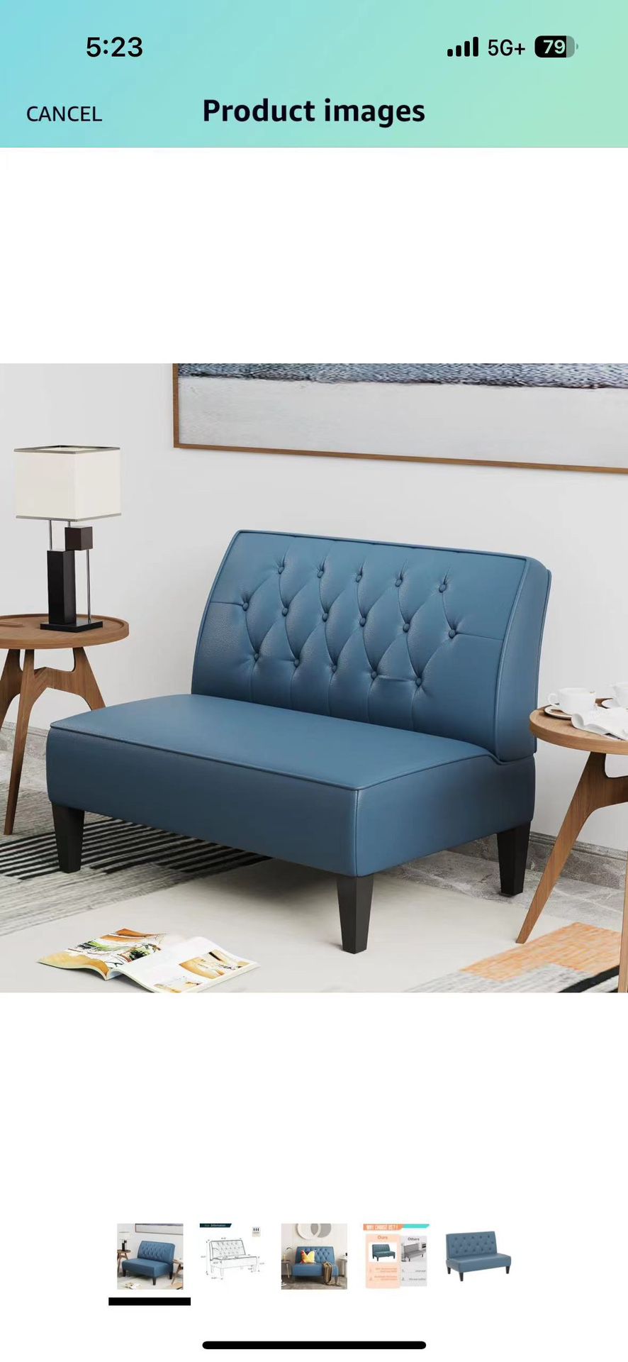 Upholstered Blue Loveseat Bench Couch for Bedroom, Modern Cushioned Armless Settee Small Love Seat Sofa Faux Suede Living Room Couch
