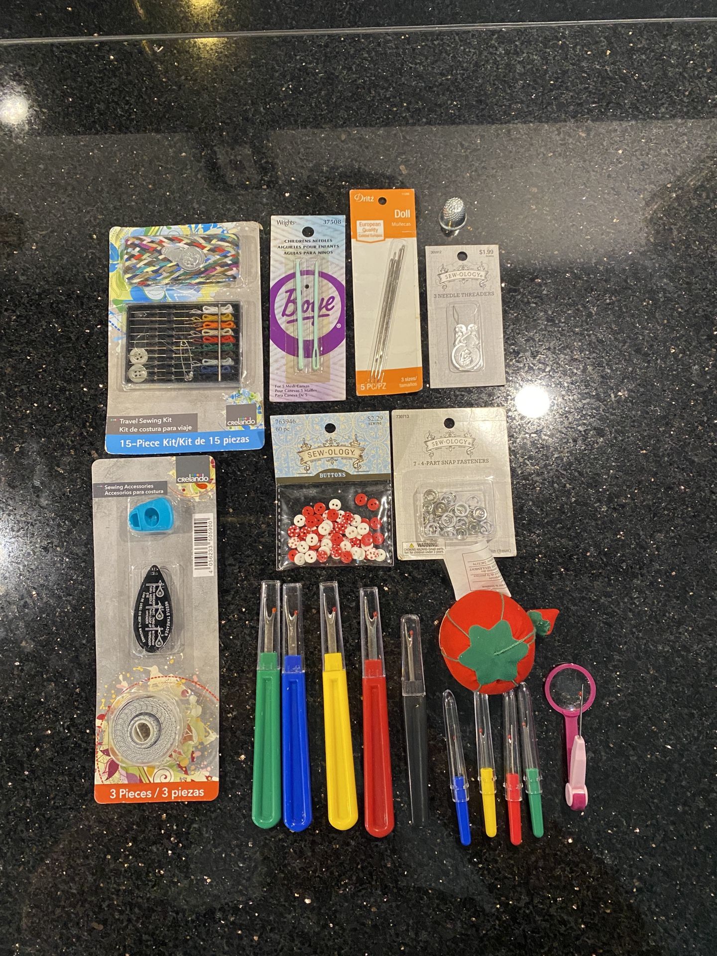 Odd Lot of Sewing Accessories: Travel Kit, Needles, Needle threaders & Removers etc