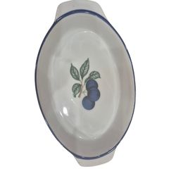 vintage oval casserole baking dish handpainted blue plum with Matching blue Rim