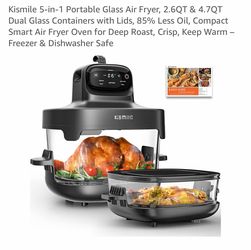 Kismile 5-in-1 Portable Glass Air Fryer, 2.6QT & 4.7QT Dual Glass Containers with Lids, 85% Less Oil, Compact Smart Air Fryer Oven for Deep Roast, Cri