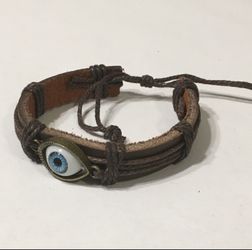 Dark brown leather bracelet with hamsa evil eye charm