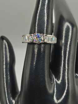 Stamped 925 Sterling Silver Baguette and Round Moissanite Engagement Promise Cocktail Ring Size 9