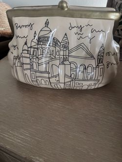 White Ceramic Clutch Purse with City Skyline Print
