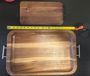 Set of 2 Wooden Charcuterie Board Serving Trays with Metal Handles