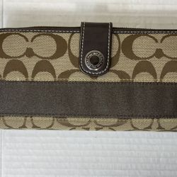 Coach Legacy Signature Stripe Zip Around Accordion Long Brown Wallet