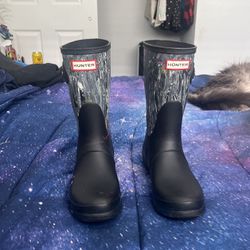 White And black marbled Hunter Rain boots Size 8