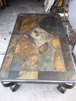 STONE TOP COFFEE TABLE 50 BY 30 BY 19.5 INCHES BRUSHED COPPER BASE